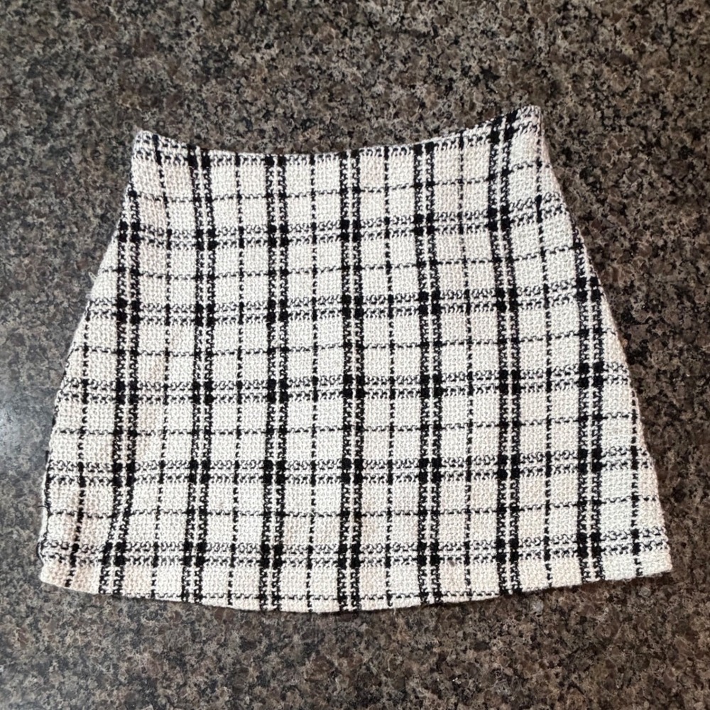 Lulus Black White Plaid Tweed Mini Skirt High Waisted A-Line Size Small